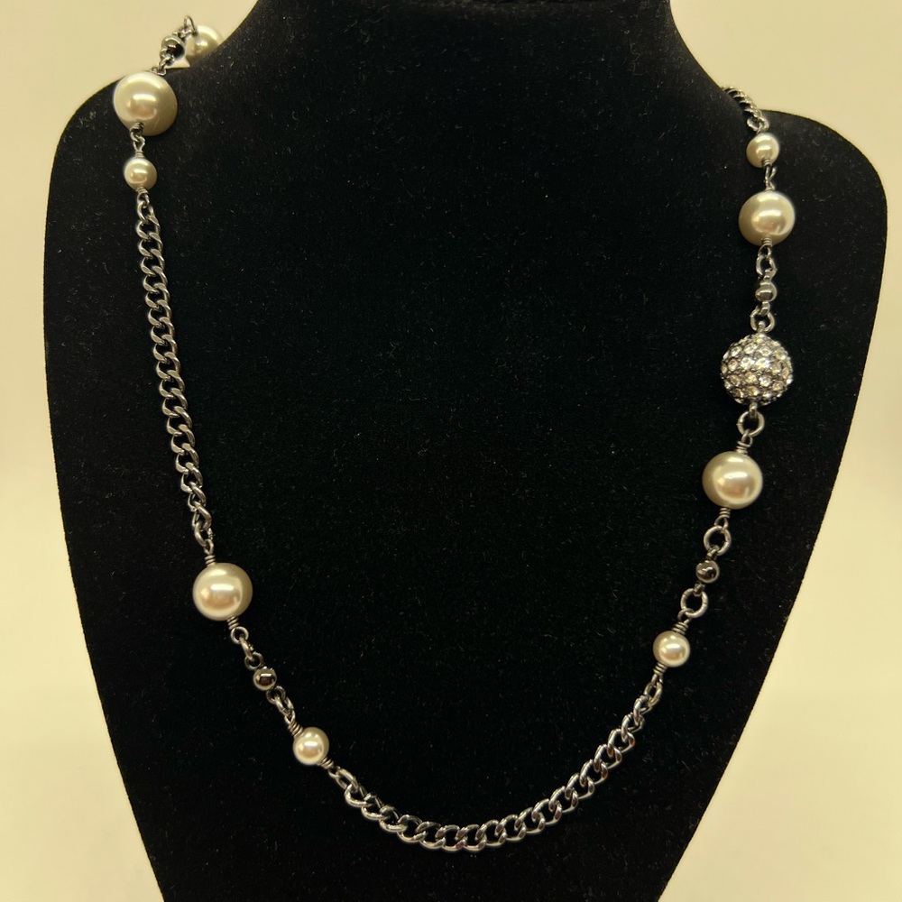 J Crew Beaded Station Faux Pearl Gun Metal Silver Tone Long Necklace Approx 31”